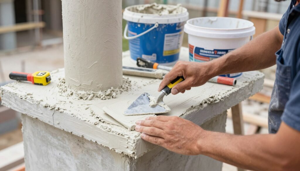 A skilled professional in a modest casual outfit applies layers of plaster to a chimney, showcasing the precision required for creating a durable finish. In the foreground, focus on the worker's hands as they use a trowel to spread the plaster smoothly onto the rough surface of the chimney. In the middle ground, detail the various tools of the trade, such as buckets of mixed plaster and a measuring tape, highlighting the technical aspects of the job. The background features a partially plastered chimney against a slightly blurred construction site, with natural daylight illuminating the scene, enhancing the textures and colors of the plaster and tools. Aim for a mood of professionalism and dedication, capturing the essence of expert craftsmanship in plastering.