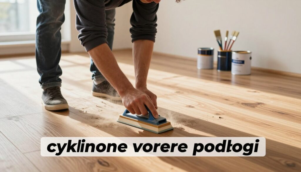 A skilled professional wearing modest casual clothing is actively sanding a wooden floor, showcasing the process of "cyklinowanie podłogi" (floor sanding). In the foreground, the individual is focused on their task, with fine dust swirling around them, illuminated by warm, natural light filtering in through a nearby window. The middle ground features a beautifully polished section of the floor that contrasts with the adjacent, unprocessed area, emphasizing the transformation. In the background, a few painting supplies like brushes and paint cans are neatly arranged, hinting at the next phase of wall painting. The overall mood is productive and inviting, with an emphasis on craftsmanship and orderly preparation, highlighting the benefits of sanding the floor as the first step. A skilled professional wearing modest casual clothing is actively sanding a wooden floor, showcasing the process of "cyklinowanie podłogi" (floor sanding). In the foreground, the individual is focused on their task, with fine dust swirling around them, illuminated by warm, natural light filtering in through a nearby window. The middle ground features a beautifully polished section of the floor that contrasts with the adjacent, unprocessed area, emphasizing the transformation. In the background, a few painting supplies like brushes and paint cans are neatly arranged, hinting at the next phase of wall painting. The overall mood is productive and inviting, with an emphasis on craftsmanship and orderly preparation, highlighting the benefits of sanding the floor as the first step.