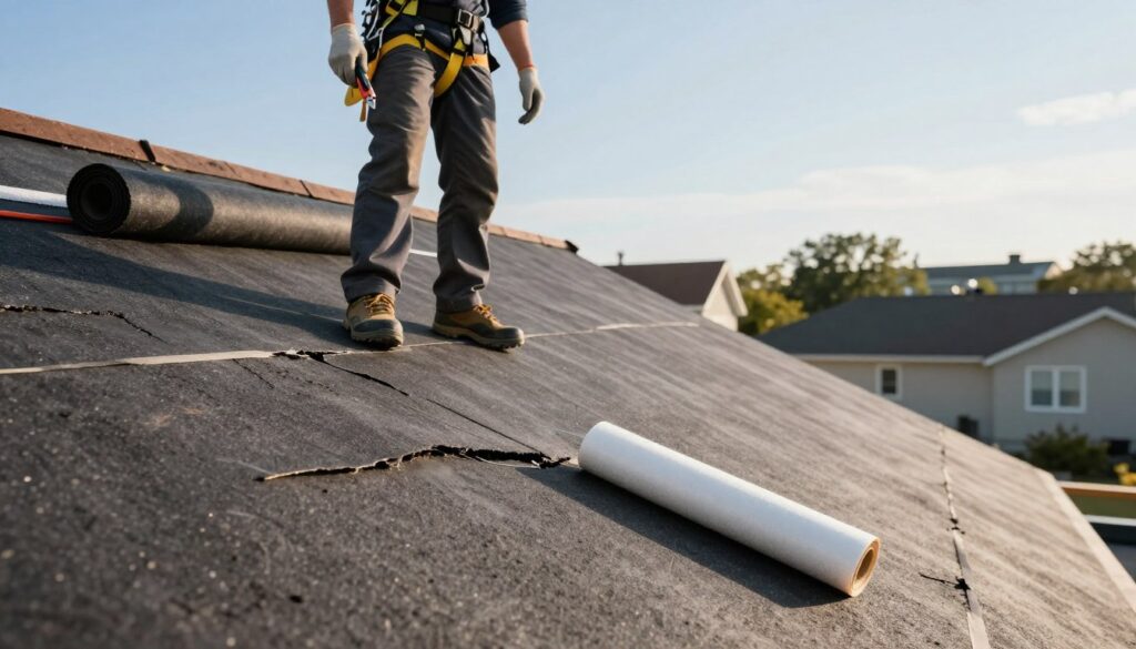 A skilled roofer stands confidently atop a sloped roof covered in rolled asphalt (pap) material, examining damage. In the foreground, the roofer is wearing a safety harness and professional work attire, holding tools like a utility knife and adhesive, ready to repair cracks and tears. The background features a clear blue sky and rooftops of nearby houses, enhancing the residential setting. Soft sunlight bathes the scene, casting gentle shadows and creating a sense of warmth and focus. The atmosphere conveys diligence and professionalism, showcasing the expertise involved in roof repair. The image composition should emphasize both the roofer's careful attention to detail and the distinct texture of the roofing material.