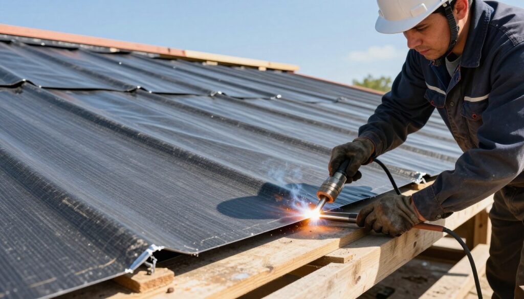A skilled technician in a hard hat and professional work attire is demonstrating the technique of welding thermoplastic roofing membranes. In the foreground, focus on the technician applying a hot welding tool to the edges of overlapping roofing sheets, with visible heat distortion and a slight glow from the heated metal. The middle layer features the roofing sheets laid out on wooden boards, showcasing the texture of the material and its adherence to the surface. The background includes a partially completed building structure, with clear blue sky above, indicating a bright, sunny day. The overall atmosphere conveys professionalism and precision, emphasizing the importance of accuracy in roofing techniques, with natural lighting highlighting the technician's focused expression.