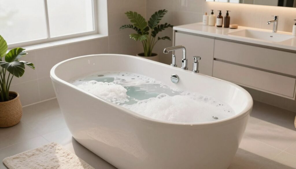 A spacious, modern bathroom featuring a sleek, white acrylic bathtub, positioned centrally in the image. The tub is filled with inviting bubbles, reflecting soft, natural light filtering through a frosted window. In the foreground, a plush, soft bath mat adds a touch of comfort. The middle ground showcases sleek cabinetry with neatly organized bath products, and a potted plant adds a fresh, natural element. In the background, the soft hues of tiled walls create a tranquil atmosphere, emphasizing comfort and relaxation. The lighting is warm and inviting, suggesting a serene bathing experience. The perspective is slightly elevated, allowing for a holistic view of the serene setting, capturing the essence of comfort and luxury in bathing.