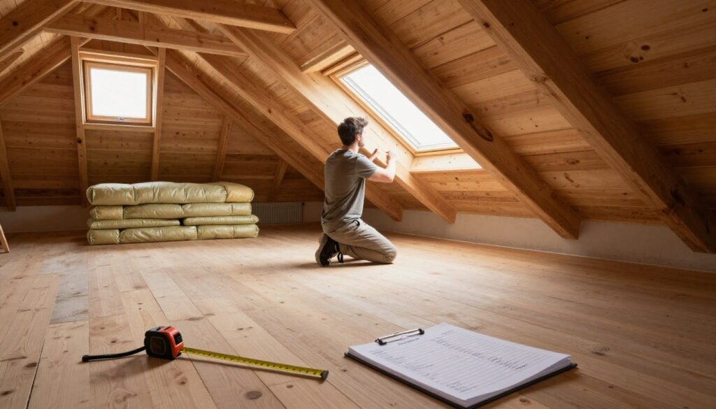 A spacious, unfinished attic (poddasza) with exposed beams and raw wooden flooring, bathed in warm, natural light filtering through a small window. In the foreground, a measuring tape lies next to a notepad filled with notes, indicating preparation for measuring. In the middle, a professional-looking individual dressed in modest casual clothing, kneeling and taking measurements of the sloped ceiling, showcases the DIY spirit. In the background, stacks of insulation materials are neatly organized, hinting at upcoming home improvement projects. The atmosphere is focused and practical, emphasizing planning and precision in workspace organization. The angle is slightly overhead, revealing the entirety of the attic space while maintaining a personal connection with the subject. A spacious, unfinished attic (poddasza) with exposed beams and raw wooden flooring, bathed in warm, natural light filtering through a small window. In the foreground, a measuring tape lies next to a notepad filled with notes, indicating preparation for measuring. In the middle, a professional-looking individual dressed in modest casual clothing, kneeling and taking measurements of the sloped ceiling, showcases the DIY spirit. In the background, stacks of insulation materials are neatly organized, hinting at upcoming home improvement projects. The atmosphere is focused and practical, emphasizing planning and precision in workspace organization. The angle is slightly overhead, revealing the entirety of the attic space while maintaining a personal connection with the subject.
