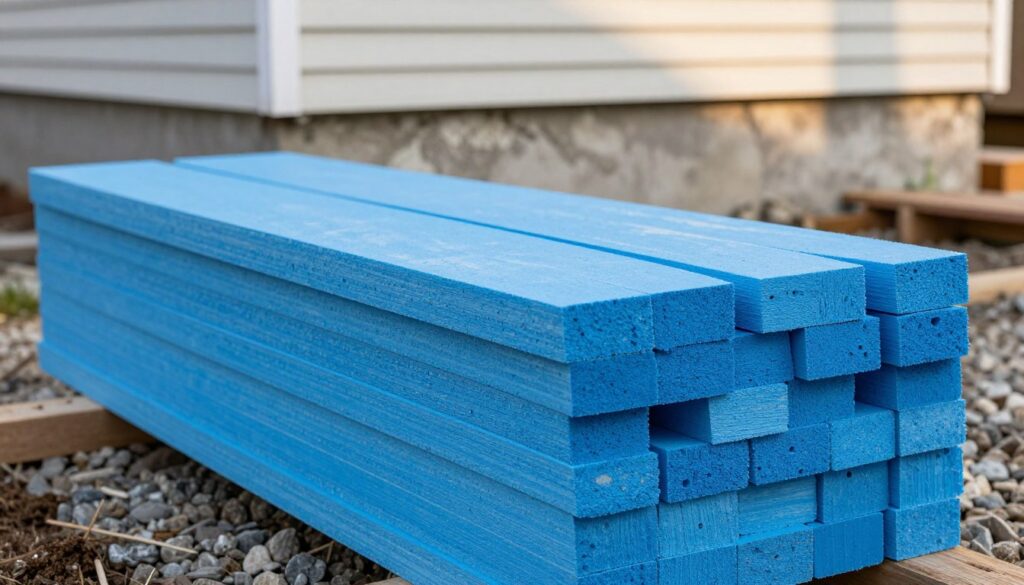 A stack of extruded polystyrene boards, showcasing their smooth, rigid surface and vibrant blue color, placed against a backdrop of a slightly weathered old house foundation under natural daylight. The foreground focuses on the texture of the styrene boards, with a few being cut to varying sizes, emphasizing their utility in insulation. In the middle ground, the foundation of the house is partially visible, illustrating the area where the insulation will be applied, surrounded by gravel and soil, suggesting renovation work. Soft, diffused sunlight generates a warm, inviting atmosphere, highlighting the importance of choosing the right insulating material for thermal efficiency. Shot from a low angle, emphasizing the boards' stature and relevance to the building's structure.