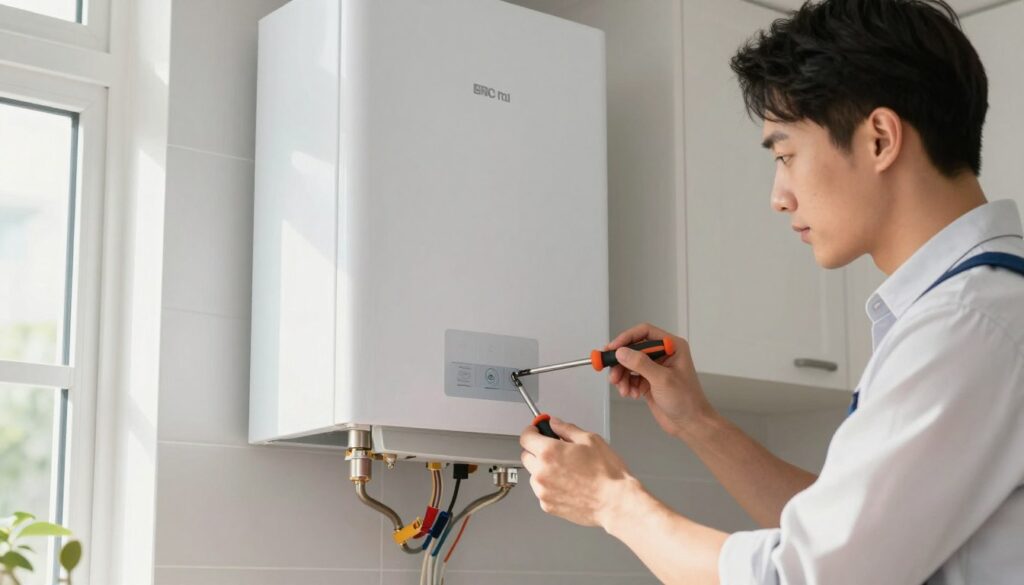 A step-by-step guide image for connecting an electric boiler in a clean, modern kitchen. In the foreground, a hands-on technician in a neatly pressed shirt is working intently, holding a screw driver and examining electrical wires. In the middle, the electric boiler is prominently featured, with visible wiring and pipes, set against a backdrop of contemporary kitchen cabinets. The background softly blurs to emphasize the action in the foreground without distractions. Bright, natural lighting streams in from a window, highlighting the stainless steel components and the technician's focused expression. The atmosphere conveys professionalism and clarity, making it suitable for instructional purposes.