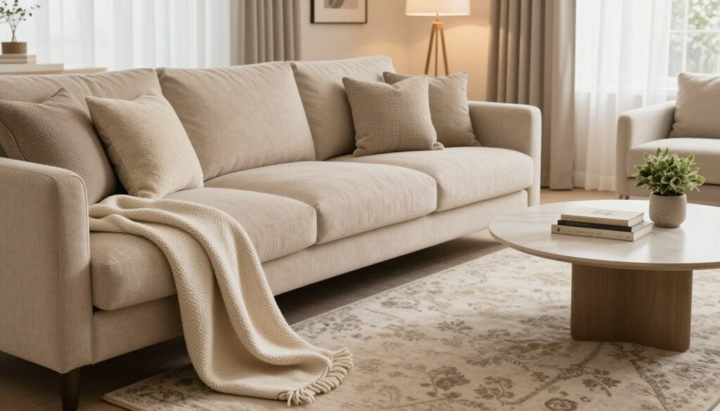 A stylish, beige living room showcasing an elegant arrangement of textiles. In the foreground, a plush beige sofa adorned with textured cushions of varying shades creates a cozy ambiance. A soft, light-colored throw blanket drapes casually over the armrest. The middle section features a beautifully patterned area rug that complements the sofa, while a chic coffee table, topped with decorative books and a small potted plant, invites relaxation. In the background, subtle lighting fixtures emit a warm glow, creating an inviting atmosphere. Large, sheer curtains softly filter natural light, highlighting the space’s serenity. The overall mood is calm and inviting, with a harmonious balance of warmth and contrast in the textiles, perfect for illustrating practical tips on enhancing a beige living room.