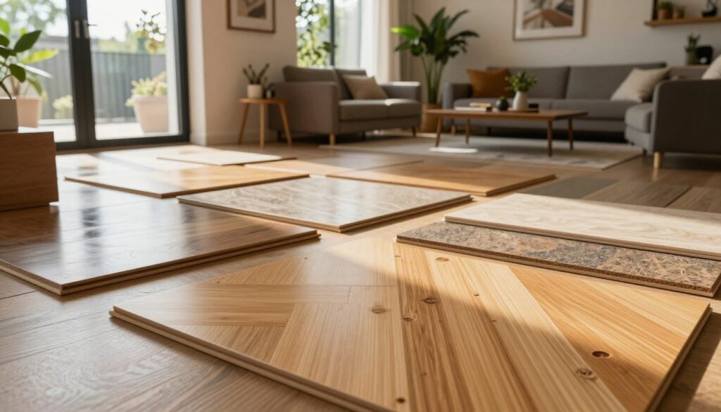 A stylish interior showcasing alternative flooring solutions to vinyl, featuring a variety of eco-friendly panels like bamboo, cork, and laminate. In the foreground, focus on a beautifully designed room with warm, natural light streaming through large windows, reflecting off the smooth surfaces of the flooring. The middle ground displays a selection of flooring samples arranged artistically on a wooden table, highlighting their textures and colors. The background reveals a cozy seating area with modern furniture and plants, creating an inviting atmosphere. The overall mood is sophisticated yet approachable, promoting sustainability and design. Use a wide-angle lens to capture the spaciousness of the room, emphasizing depth and detail.