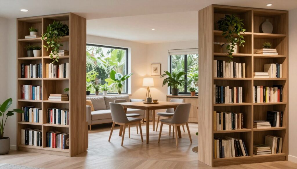 A stylish interior space showcasing the clever use of furniture to create distinct zones. In the foreground, a large, modern bookshelf acts as a room divider, filled with books and decorative plants, symbolizing a cozy reading nook. In the middle ground, an elegant wooden dining table with minimalist chairs is set up for small gatherings, surrounded by soft, ambient lighting that enhances the warmth of the environment. In the background, a comfortable sofa is placed near a window, adorned with lush greenery outside, suggesting a seamless flow between indoor and outdoor spaces. The overall atmosphere is bright, open, and inviting, with natural light streaming in, creating a sense of serenity and spaciousness. The scene captures the balance between functionality and aesthetics in contemporary design.