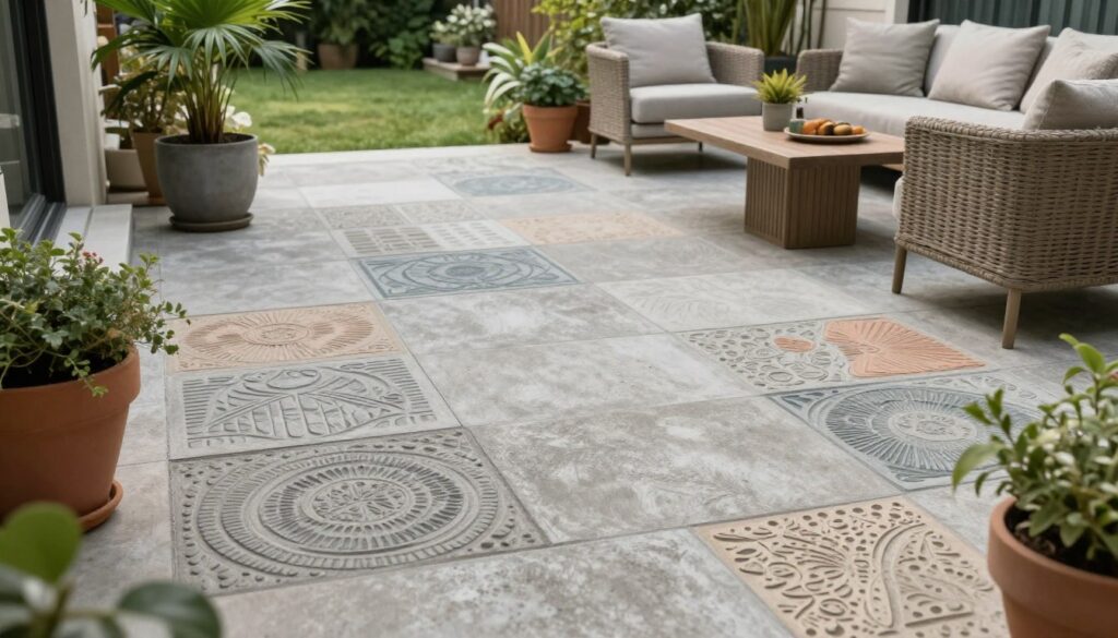 A stylish outdoor terrace featuring decorative concrete flooring, showcasing intricate patterns and textures that enhance its aesthetic appeal. In the foreground, elegant potted plants and cozy, modern furniture create an inviting atmosphere. The middle ground features the beautifully crafted concrete surface with various decorative techniques, such as stamped designs and color variations, demonstrating its durability and easy maintenance. The background reveals a serene garden space, with soft natural lighting enhancing the textures of the concrete. The scene is captured from a slightly elevated angle, highlighting the interplay between the decorative elements and the surrounding greenery, evoking a tranquil and personalized outdoor living experience.