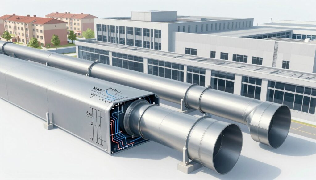 A technical illustration of mechanical ventilation ducts installed in various types of buildings, showcasing a detailed layout. In the foreground, display a cross-section of rectangular and circular ducts, clearly labelled with dimensions and airflow indicators. In the middle ground, depict a modern commercial building with exposed ductwork, emphasizing efficient airflow pathways. In the background, include residential and industrial structures to indicate diversity in design. Use soft, even lighting to create a professional, industrial atmosphere, highlighting metallic textures and smooth lines. Capture a slight angled perspective to enhance depth, focusing on the efficiency and quiet operation of the ventilation system. Ensure the image is clear, detailed, and free of any text or branding elements.