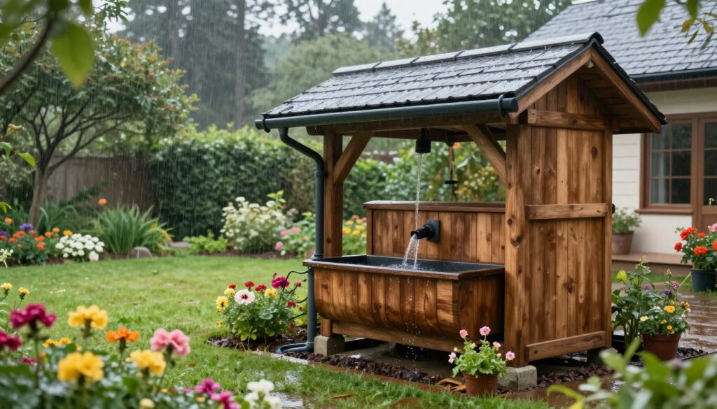 A tranquil garden scene featuring a rainwater collection system, prominently displaying a rustic wooden rainwater tank beneath a sloped roof gutter. In the foreground, colorful flowers bloom with raindrops glistening on their petals, while a lush lawn stretches out nearby. In the middle ground, a neatly arranged gutter directs water into the tank, showcasing the effective collection process. In the background, soft greenery and tall trees set a peaceful atmosphere, with a light drizzle creating a gentle mist. The scene is illuminated by soft, diffused natural light, evoking a serene, refreshing mood. The angle captures the tank's details against the backdrop of a cozy, inviting home. No people or text are present, ensuring a focused visual on the rainwater harvesting system.