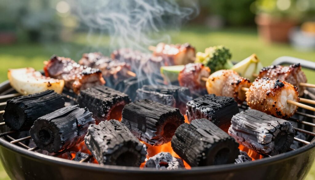 A vibrant, close-up image of charcoal briquettes arranged neatly on a barbecue grill, showcasing the rich, dark texture of the coal. The foreground features the glowing embers, giving off a warm orange glow, hinting at the imminent grilling process. In the middle, the grill covers a variety of mouth-watering, uncooked meats and vegetables, showcasing the diverse grilling possibilities. In the background, a lush green garden is softly blurred, hinting at a sunny afternoon ambiance. The lighting is bright and natural, capturing the warmth of the sun, with a soft bokeh effect enhancing the depth of the scene. The overall mood is inviting and festive, evoking a sense of community and outdoor cooking delight.