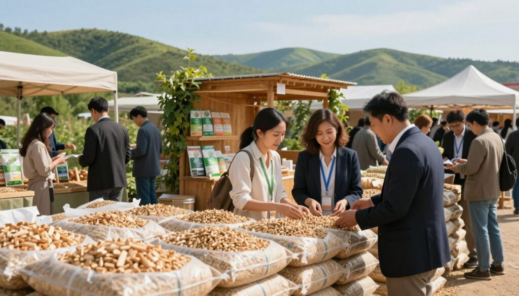 A vibrant market scene showcasing a biomass pellet marketplace bustling with activity. In the foreground, a diverse group of professionals dressed in smart business attire examines bags of wood pellets stacked neatly, with a focus on product quality. The middle ground features a wooden stall with an array of pellet products displayed, surrounded by greenery that evokes a sustainable vibe. The background includes rolling green hills under a clear blue sky, symbolizing the natural resources necessary for biomass. Soft, warm lighting imbues the scene with a welcoming atmosphere, enhancing the theme of sustainability and innovation in the biomass market. The angle is slightly elevated, offering a comprehensive view of the market dynamics and the people interacting.