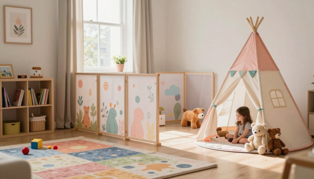 A visually appealing interior space divided into two distinct zones for a boy and a girl, showcasing optical zone separation techniques. In the foreground, a colorful rug delineates the boy’s area, with toys and a small bookshelf, while the girl's area features a stylish pastel-colored play tent and plush animals. The middle section includes a whimsical divider, such as a translucent screen, adorned with playful patterns, creating a subtle boundary. In the background, soft natural light filters through a window, illuminating the room with a warm and inviting glow. The atmosphere is harmonious and cheerful, reflecting a fun yet organized environment that balances the needs of both children. The perspective is slightly elevated, capturing the charm of the entire room without any text or distractions. A visually appealing interior space divided into two distinct zones for a boy and a girl, showcasing optical zone separation techniques. In the foreground, a colorful rug delineates the boy’s area, with toys and a small bookshelf, while the girl's area features a stylish pastel-colored play tent and plush animals. The middle section includes a whimsical divider, such as a translucent screen, adorned with playful patterns, creating a subtle boundary. In the background, soft natural light filters through a window, illuminating the room with a warm and inviting glow. The atmosphere is harmonious and cheerful, reflecting a fun yet organized environment that balances the needs of both children. The perspective is slightly elevated, capturing the charm of the entire room without any text or distractions.