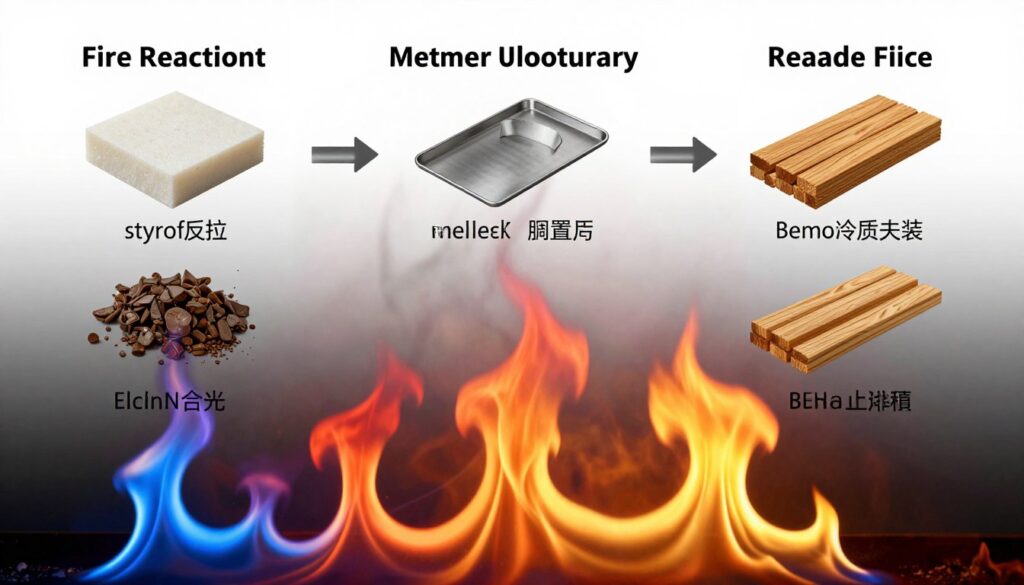 A visually engaging illustration depicting the concept of fire reaction classification according to European standards. In the foreground, showcase a vibrant flame with different colored fire (blue, red, and yellow) symbolizing various fire reaction classes. The middle ground should feature clear, labeled diagrams of materials commonly tested for fire reaction, such as styrofoam, metal, and wood, arranged in an informative layout. In the background, integrate a subtle, gradient backdrop that transitions from light to dark, suggesting the spectrum of fire safety. Use high contrast lighting to emphasize the flames and diagrams, creating a serious yet informative atmosphere. The image should feel authoritative but approachable, suitable for an educational context.