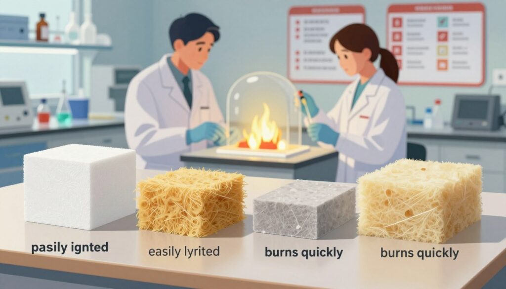 A visually engaging illustration focusing on the most common myths about the flammability of insulating materials. In the foreground, depict a split scene showcasing various insulating materials like polystyrene, fiberglass, and mineral wool, each labeled with a myth associated with their flammability—like "easily ignited" and "burns quickly." The middle ground should show a calm, professional setting, perhaps a laboratory with researchers examining samples under controlled lighting. The background features a wall chart displaying fire safety classifications. Use soft, diffused lighting to create a knowledgeable and reassuring atmosphere. Capture the scene from a slightly elevated angle to provide depth, with a focus on clarity and educational purpose.