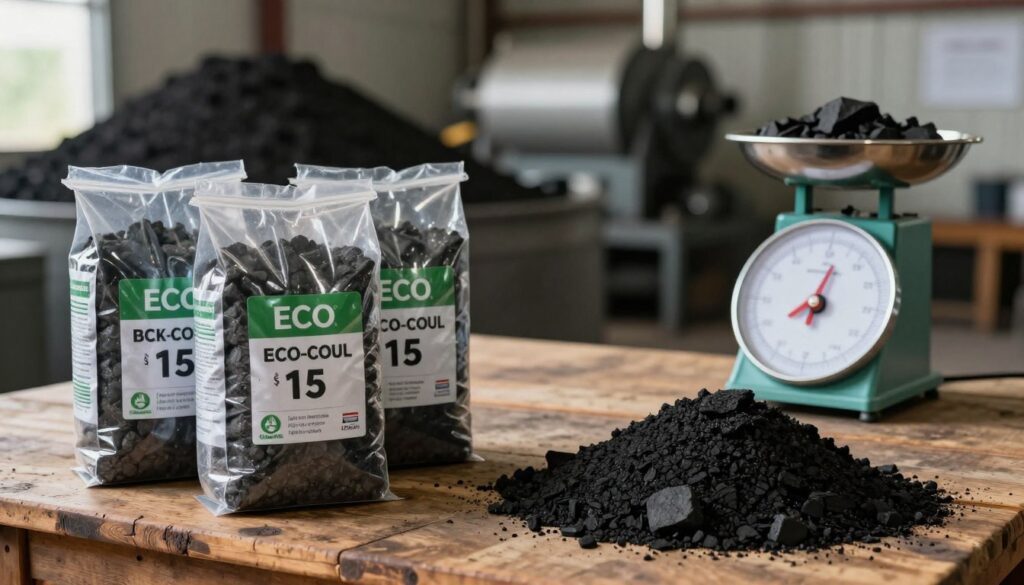 A visually informative comparison of packaged and bulk eco-coal prices. In the foreground, a clear display of two bags of eco-coal and a pile of loose eco-coal, labeled with their respective prices. The middle ground features a rustic wooden table and a measuring scale to emphasize a pricing comparison. The background shows a factory setting with eco-coal production, subtly blurred to focus on the comparison in the foreground. Utilize natural lighting to create a warm and inviting atmosphere, enhancing the texture of the eco-coal. Choose a slightly elevated angle to capture both the products and the contextual elements. The overall mood should convey a sense of reliability and professionalism in the eco-coal market.