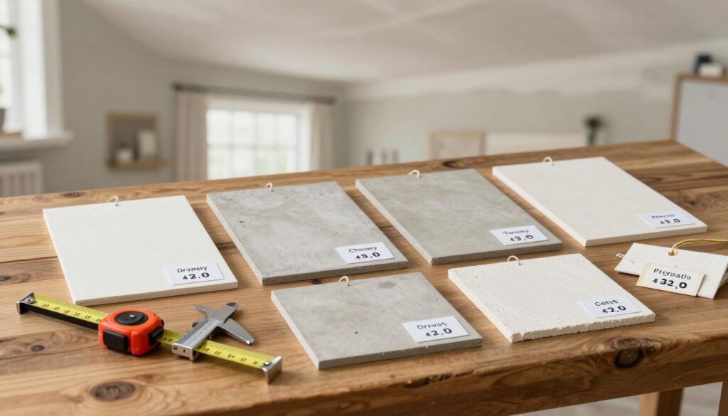 A visually informative comparison of plastering costs, featuring multiple samples of different surface types (drywall, concrete, and plaster) artistically displayed on a rustic wooden table. In the foreground, a measuring tape and calipers illustrate precision, while small price tags hang from each surface sample, showing varying costs. The middle layer presents a soft-focus background of a cozy, well-lit room with a freshly plastered ceiling, hinting at the interior improvement aspect. The light should be warm and inviting, creating a feeling of professionalism and care. Angle the shot slightly from above for a comprehensive view, ensuring all details are clear. The overall atmosphere should be informative and calmly reassuring.