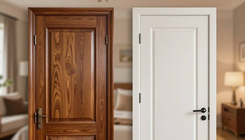 A visually striking comparison of a hinged door and a flush door side by side. In the foreground, the hinged door displays a traditional design with visible hinges, featuring ornate wood grain and a polished finish, casting subtle reflections. The flush door, in contrast, has a sleek, modern appearance, showcasing a smooth, minimalistic surface with hidden hardware. The background is softly blurred, suggesting a cozy home interior with warm, ambient lighting that highlights the texture of the door materials. The scene conveys a sense of elegance and practicality, with a harmonious blend of traditional and contemporary styles, inviting viewers to appreciate the differences in door designs without any text or distractions.