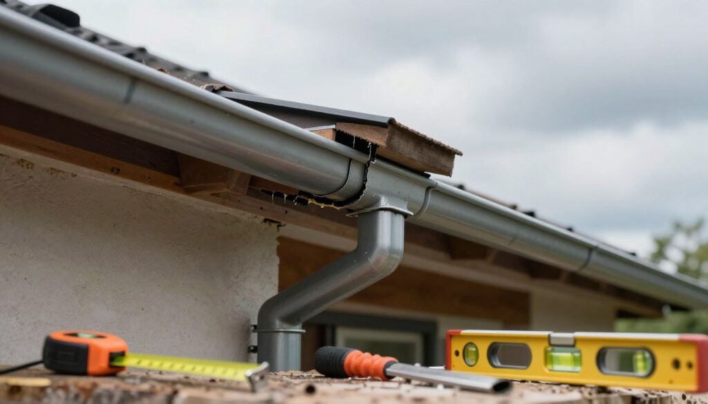 A vivid close-up scene illustrating common installation mistakes of a rain gutter system. In the foreground, show a misaligned gutter joint, with exaggerated gaps and improper seals allowing water leakage. Include scattered tools like a measuring tape and a spirit level to highlight the construction process. The middle ground features a partially installed gutter on a house, with visible errors such as incorrect angle and insufficient support brackets. The background reveals a cloudy sky, hinting at impending rain, creating a sense of urgency. Use soft natural lighting to emphasize the details and textures of the materials, while capturing a realistic depth of field. The overall atmosphere should be informative and cautionary, urging viewers to pay attention to detail in installation.