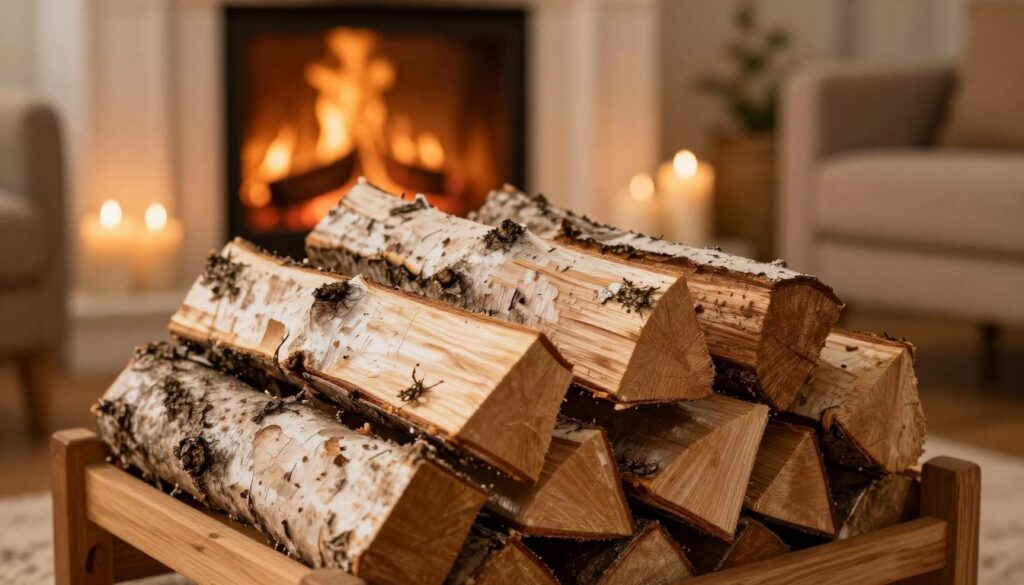 A warm, inviting scene featuring a stack of freshly cut birch firewood, known for its light bark and distinctive grain patterns, organized neatly in a rustic wooden rack. In the foreground, the birch logs should be displayed prominently, revealing their smooth texture and subtle color variations. The middle ground includes a cozy fireplace setting, with hints of flames dancing and illuminating the space, casting soft golden light. In the background, softly blurred elements like a comfortable armchair and decorative candles create a warm, homey atmosphere. The overall mood should evoke warmth and comfort, akin to a relaxing evening by the fire. The image should be captured with a warm color palette, soft focus, and natural lighting to enhance the inviting ambiance.