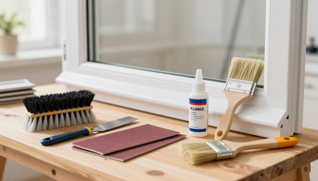 A well-arranged assortment of essential tools for renovating a plastic windowsill is displayed prominently in the foreground. Include a scrubbing brush, a putty knife, sanding paper, a primer, and a high-quality paintbrush, all neatly organized on a wooden workbench. In the middle ground, a partially renovated plastic windowsill shows a fresh, clean finish, highlighting the transformation process. The background features a bright, sunlit room with soft, natural lighting that enhances the cleanliness and aesthetic appeal of the space. Use a slight depth of field to keep the focus on the tools and windowsill while subtly blurring the background. The atmosphere is vibrant, inviting, and professional, conveying a sense of readiness for a home improvement project.