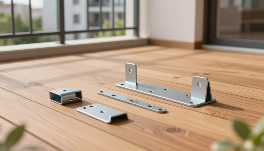 A well-lit balcony with a freshly installed wooden terrace, showcasing various essential mounting accessories and supports. In the foreground, focus on a set of sturdy brackets and spacers, demonstrating their placement for optimal stability. The middle ground features the wooden planks of the terrace, showing precise alignment and craftsmanship. The background includes a modern apartment building, with a hint of greenery peeking through, adding a fresh outdoor vibe. The scene is captured from a slightly elevated angle to emphasize the terrace layout. Soft, natural sunlight casts gentle shadows, creating a warm and inviting atmosphere, ideal for a DIY installation guide.