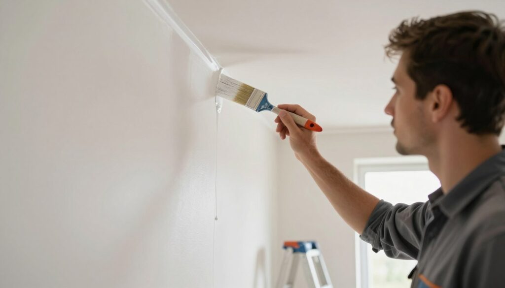 A well-lit interior room featuring a painter in the foreground, wearing professional work attire, carefully painting the edge of a ceiling near a wall. The painter is using a high-quality paintbrush with precise strokes, demonstrating techniques to avoid drips and streaks. In the middle ground, a freshly painted wall transitioning to the ceiling shows a smooth, clean line, emphasizing impeccable workmanship. The background displays a ladder leaning against the wall, adding context, and plenty of natural light streaming through a nearby window, enhancing the focus on the painting task. The overall mood is calm and focused, highlighting the importance of skillful painting techniques. The angle captures both the painter's concentration and the pristine finish of the work.