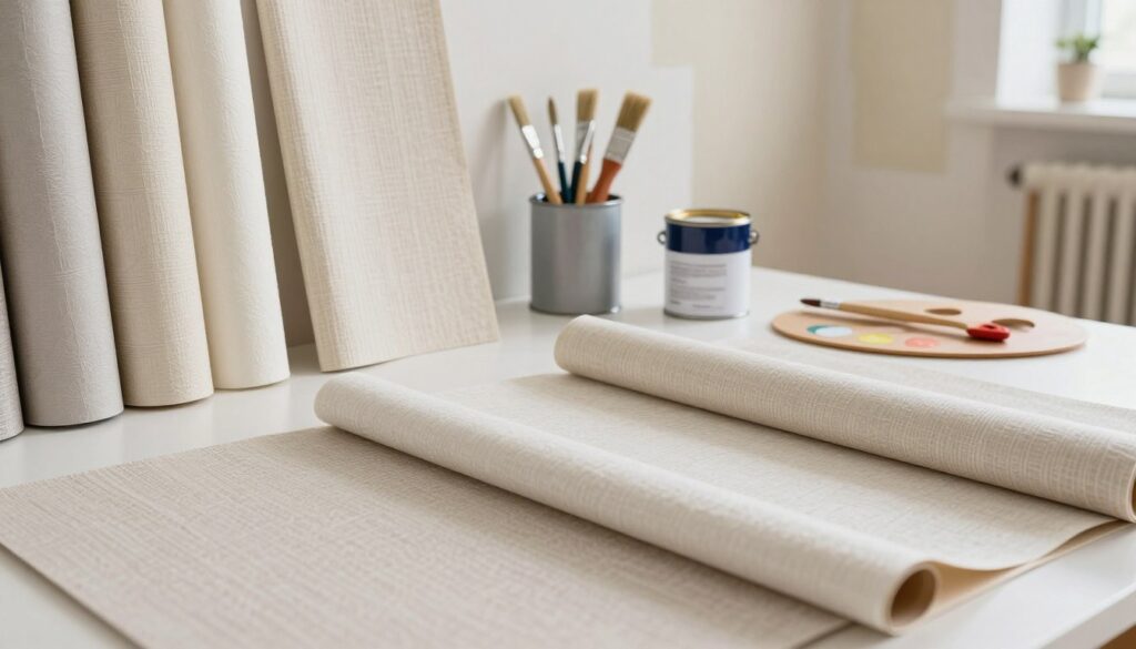 A well-lit interior setting showcasing different types of wallpaper suitable for painting, arranged in an appealing layout. In the foreground, display a variety of textured wallpapers, such as vinyl, fabric, and paper, each labeled clearly but without text. In the middle ground, include a painter's toolset with brushes, a paint can, and a palette, hinting at the painting process. In the background, a cozy, softly lit room setting with partially painted walls to enhance the atmosphere of renewal and creativity. Use soft, natural lighting to create a warm and inviting mood, emphasizing the potential transformation of the space. Capture this scene with a moderate angle, focusing on the wallpapers while showing just enough of the room to convey context.