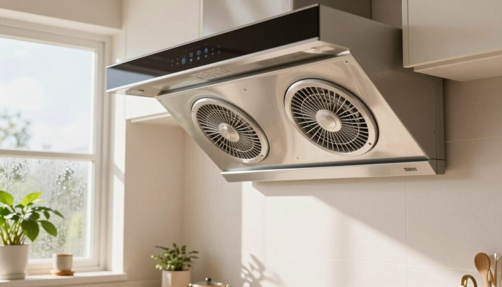 A well-lit interior space featuring modern air exhaust fans installed in a kitchen environment. The foreground shows sleek, metallic exhaust fans mounted under a stylish range hood, with details highlighting their ventilation grilles and control settings. In the middle ground, the kitchen is bright and airy, with sunlight filtering through a window, casting soft shadows. Fresh greenery on the windowsill adds a touch of vitality, while the walls are painted in soothing, neutral tones. In the background, a window displays condensation, hinting at humidity issues. The overall atmosphere is clean, inviting, and emphasizes functionality, showcasing how exhaust fans enhance air circulation and improve indoor air quality. The image should have a warm, inviting tone, emphasizing a sense of comfort and freshness.
