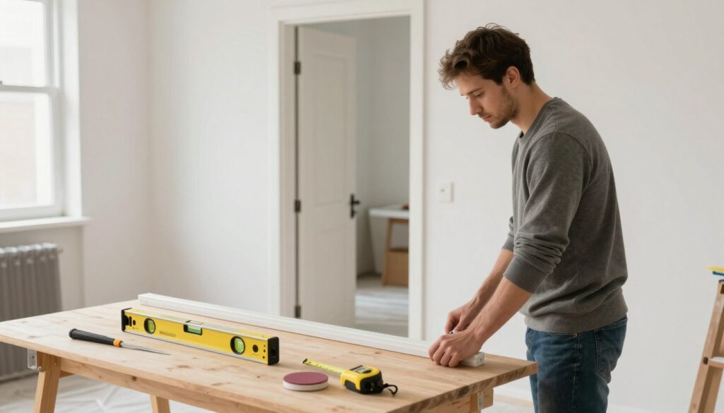 A well-lit interior workspace showing a professional in modest casual clothing preparing the surface for door installation. In the foreground, there are tools like a laser level, tape measure, and sandpaper neatly arranged on a wooden workbench. The middle ground features a partially installed door frame, with attention to detail on the evenness of the frame against the wall. The background includes a clear view of freshly painted walls and protective drop cloths covering the floor, ensuring a clean environment. Soft natural light streaming through a nearby window enhances the inviting atmosphere. The overall mood is focused and professional, capturing the essence of preparing a space for an aesthetic door installation.