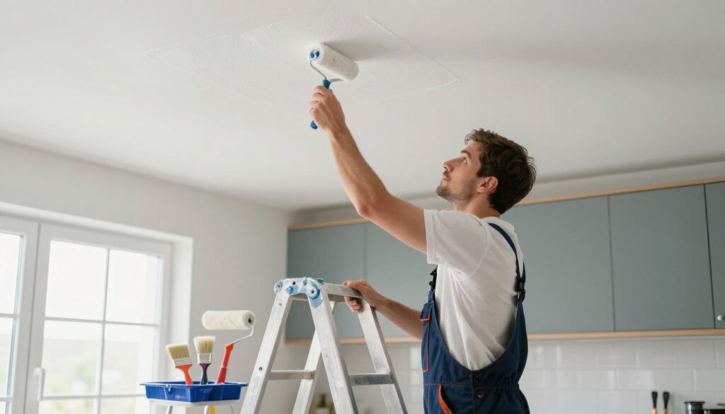 A well-lit kitchen with a modern aesthetic, featuring a professional painter on a ladder, carefully applying a fresh coat of white paint to the ceiling. In the foreground, the painter wears a clean shirt and overalls, with a focused expression, showcasing the meticulous process of ceiling painting. The middle ground includes various painting tools like brushes, rollers, and a tray, arranged neatly. In the background, soft, natural light filters through a window, illuminating the space and enhancing the colors of the cabinets and countertops. The overall atmosphere is one of professionalism and precision, highlighting the specific nuances of painting ceilings in kitchens and bathrooms.