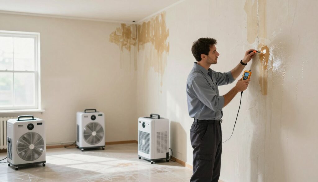 A well-lit, spacious room with damp walls undergoing treatment for moisture removal. In the foreground, a professional technician in business attire is inspecting the wall with a moisture meter, focused and diligent. The middle layer features drying equipment like dehumidifiers and fans strategically placed around the room, actively working to dry the surfaces. The background showcases sections of the wall with peeling paint and visible moisture stains, highlighting the need for specialized help. Soft, natural light filters through a nearby window, creating a hopeful atmosphere, symbolizing recovery and renewal. The overall mood reflects professionalism, expertise, and the importance of addressing moisture issues effectively.