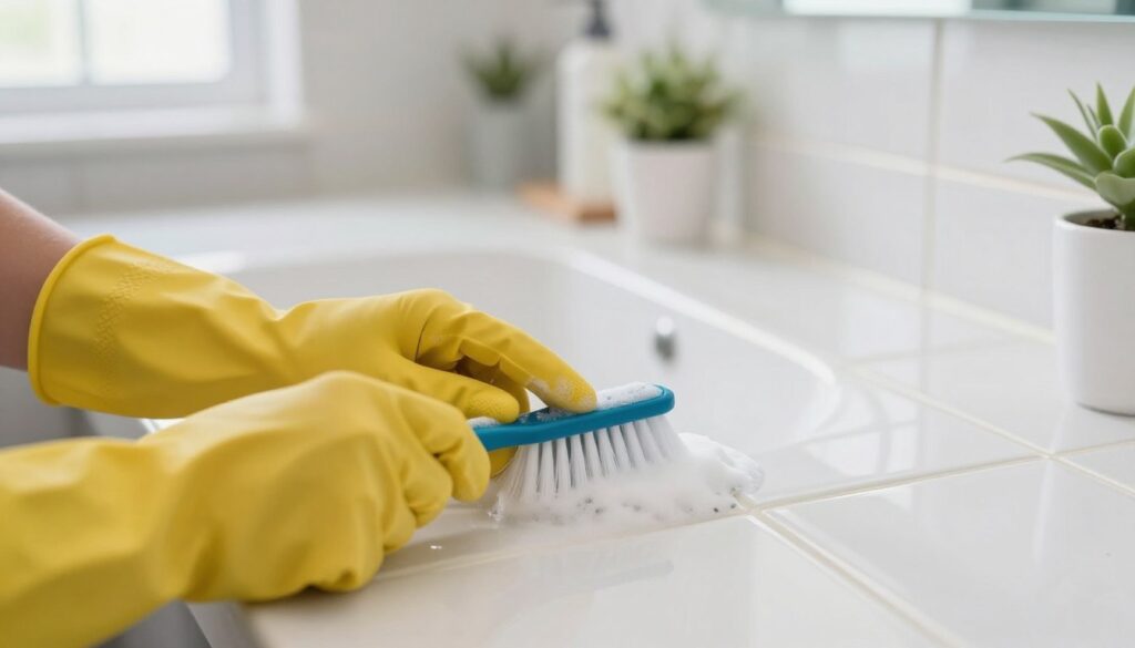 A well-maintained bathroom featuring a close-up of bright white grout lines being cleaned. In the foreground, a pair of hands wearing rubber gloves carefully scrubbing the grout with a specialized cleaning brush, producing a small amount of foam. The middle ground displays clean tiles reflecting light, creating a sparkling effect, while the background presents a soft-focus of bathroom elements such as a sink and decorative plants. The lighting is bright and natural, coming from a window, highlighting the cleanliness of the space. The overall mood is fresh and inviting, emphasizing the effectiveness of the cleaning process.