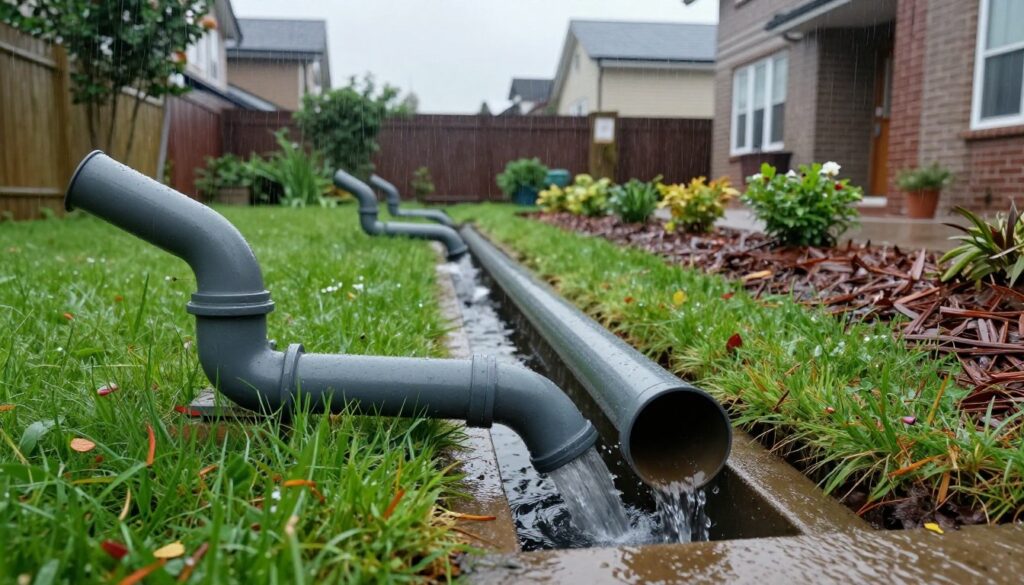 A well-maintained drainage system for rainwater, showcasing an intricate arrangement of downspouts leading into a green lawn. In the foreground, a close-up view of a rainwater pipe merging seamlessly with the storm drainage system, with water visibly flowing through. The middle section features a backyard scene with lush grass and well-mulched garden beds, while rainclouds loom gently overhead, casting soft, diffused light. In the background, residential buildings with traditional architecture can be seen. The overall mood is calm and practical, emphasizing the importance of effective water management. The scene should be captured with a shallow depth of field to highlight the drainage system while gently blurring the background, ensuring a professional and informative atmosphere.