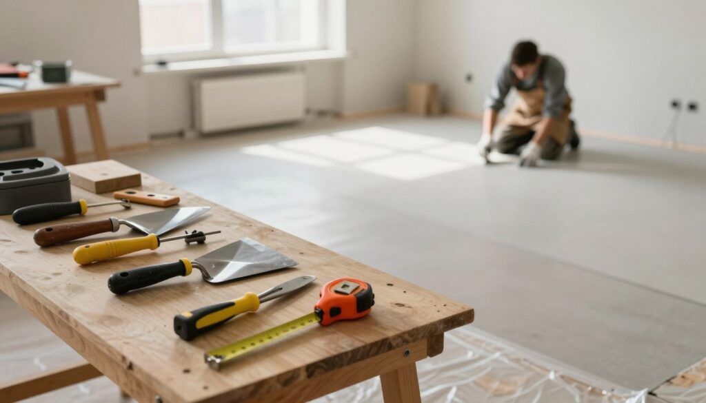 A well-organized workshop space focused on floor preparation for renovation. In the foreground, show a sturdy workbench laden with various tools like a trowel, scrapers, and a measuring tape, all meticulously arranged. The middle ground features a clean, bare floor with visible preparation, including leveling compounds and protective coverings like plastic sheets or drop cloths. In the background, soft natural light floods through a window, illuminating the meticulous work taking place, creating a warm and inviting atmosphere. A person in a professional work attire, such as a sturdy apron and safety gloves, is seen kneeling, focused on smoothing the surface. The camera angle is slightly above eye level, capturing the depth of the space while emphasizing the importance of preparation in a renovation context. A well-organized workshop space focused on floor preparation for renovation. In the foreground, show a sturdy workbench laden with various tools like a trowel, scrapers, and a measuring tape, all meticulously arranged. The middle ground features a clean, bare floor with visible preparation, including leveling compounds and protective coverings like plastic sheets or drop cloths. In the background, soft natural light floods through a window, illuminating the meticulous work taking place, creating a warm and inviting atmosphere. A person in a professional work attire, such as a sturdy apron and safety gloves, is seen kneeling, focused on smoothing the surface. The camera angle is slightly above eye level, capturing the depth of the space while emphasizing the importance of preparation in a renovation context.