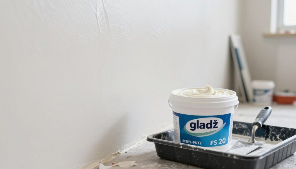 A well-organized workspace featuring a close-up view of a container of "gładź ACRYL-PUTZ FS 20," emphasizing its smooth, creamy texture. In the foreground, place a trowel and a partially filled tray next to the container, showing the product ready for application. In the middle, depict a freshly repaired wall with an impeccably smooth surface, reflecting soft, diffused daylight, highlighting the precision of finishing techniques. In the background, include a clean, uncluttered room with subtle hints of paint and tools neatly arranged, creating a professional atmosphere. The mood should feel calm and focused, showcasing a sense of craftsmanship and quality in wall finishing. Use a shallow depth of field to keep the focus on the gładź and the trowel, with the wall slightly blurred, enhancing the smoothness depicted.