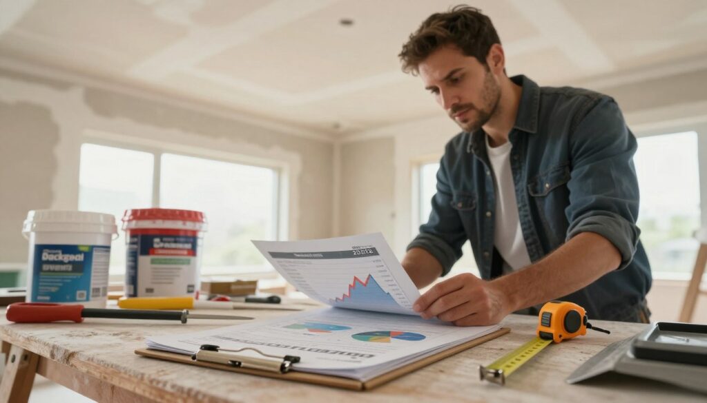 A well-organized workspace featuring a professional contractor reviewing current labor rates and materials for ceiling plastering. In the foreground, a clipboard with detailed charts and graphs showing pricing fluctuating in 2023, alongside various plastering materials like spackling paste and tools. In the middle, a focused contractor, dressed in smart casual attire, carefully studying the data, with a measuring tape and trowel resting on the table beside him. The background showcases a partially finished ceiling with fresh plaster, bathed in warm, natural light coming from a window, creating an inviting and productive atmosphere. The angle is slightly elevated, capturing the entire scene, emphasizing a sense of diligence and professionalism.