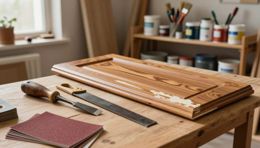 A well-organized workspace focused on door renovation tools. In the foreground, display a set of restoration tools: a vintage wood chisel, a fine-toothed saw, and a set of sandpaper sheets neatly arranged on a light wooden table. The middle ground features a half-renovated wooden door, partially stripped of old paint, with a rich grain pattern visible. In the background, a cluttered workshop with shelves stocked with various paints, brushes, and jars of wood finish creates a dynamic and inviting atmosphere. Soft, warm lighting filters through a nearby window, casting gentle shadows, enhancing the rustic charm. The overall mood should evoke feelings of creativity and transformation.