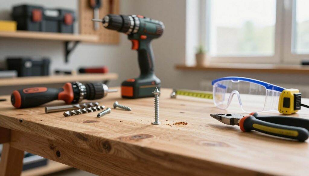 A well-organized workspace for drilling a damaged screw head, featuring a sturdy wooden workbench at the forefront, equipped with essential tools like a drill, various drill bits, and pliers. In the middle, a close-up of a screw, partially embedded in wood, shows signs of wear and damage, with a measuring tape and safety goggles positioned nearby. The background includes a soft-focused workshop setting with shelves holding toolboxes and a pegboard displaying hand tools. Natural light streams through a window, illuminating the scene, creating a calm and focused atmosphere. The perspective is slightly angled to emphasize depth, highlighting the meticulous preparation required for the task. All elements are arranged to convey professionalism and efficiency in a safe working environment.