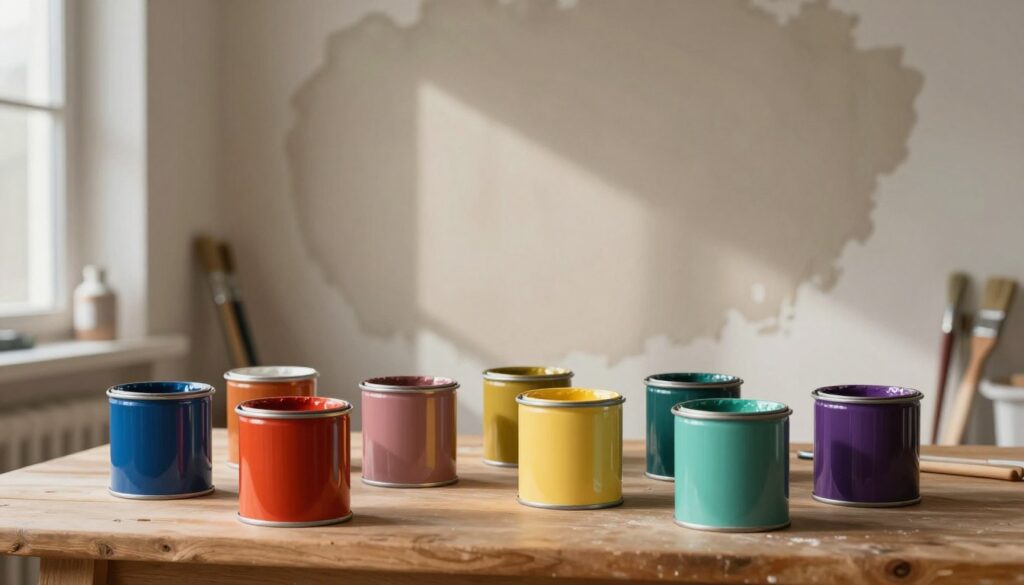 A well-organized workspace showcasing a variety of mineral paint cans in vivid colors, positioned neatly on a wooden table in the foreground. The middle ground features a freshly troweled mineral plaster wall, demonstrating its textured surface and natural hues. Soft afternoon light streams in from a window, creating a warm and inviting atmosphere, emphasizing the richness of the paint colors against the subtle tones of the plaster. In the background, faint silhouettes of paintbrushes and tools hint at a creative process, while a partially completed wall project suggests a sense of ongoing transformation. Capture the mood of exploration and artistry in home improvement.