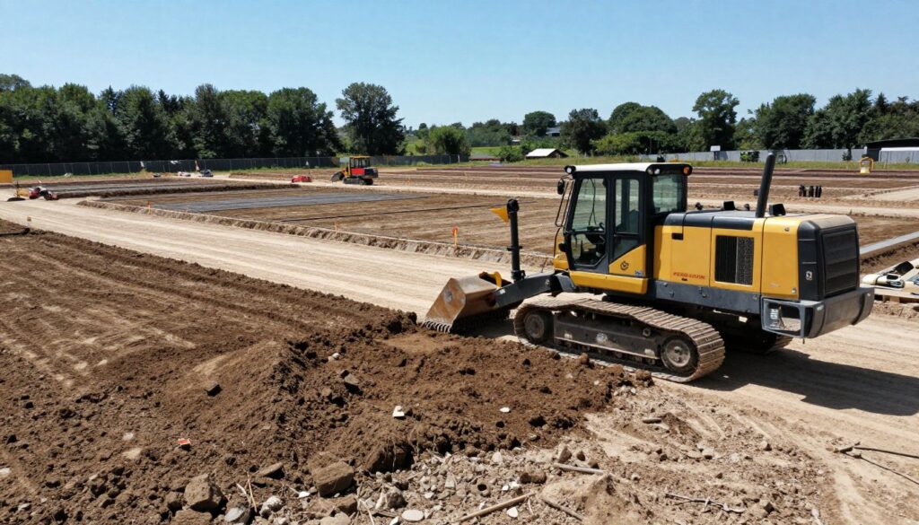 A wide-angle view of a construction site under bright daylight, featuring a large, well-equipped leveling machine in the foreground meticulously flattening the terrain. The foreground includes freshly disturbed soil and mounds of earth, while the middle ground showcases various areas marked with stakes and flags, indicating planned elevations. In the background, there are partially flattened plots of land surrounded by trees and a clear blue sky, evoking a sense of progress and preparation. The atmosphere should feel industrious and focused, with sunlight casting long shadows to enhance texture. The angle captures both the machinery at work and the evolving landscape, illustrating the meticulous process of land leveling in preparation for building.