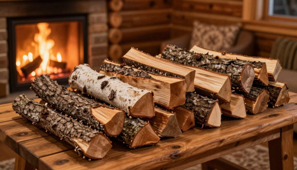 A wooden log cabin interior showcasing various types of firewood arranged artistically on a rustic wooden table. In the foreground, display a mix of pine, oak, and birch logs, with textures like bark and grain clearly visible. In the middle ground, soft lighting from a nearby fireplace casts warm, golden hues, enhancing the natural colors of the wood. The background features a cozy, softly lit room with traditional decor, emphasizing the warmth and inviting ambiance of a firewood selection. Capture this scene from a slightly elevated angle to highlight the wood textures and the intimate setting, evoking a sense of comfort and safety associated with choosing the right wood for burning.