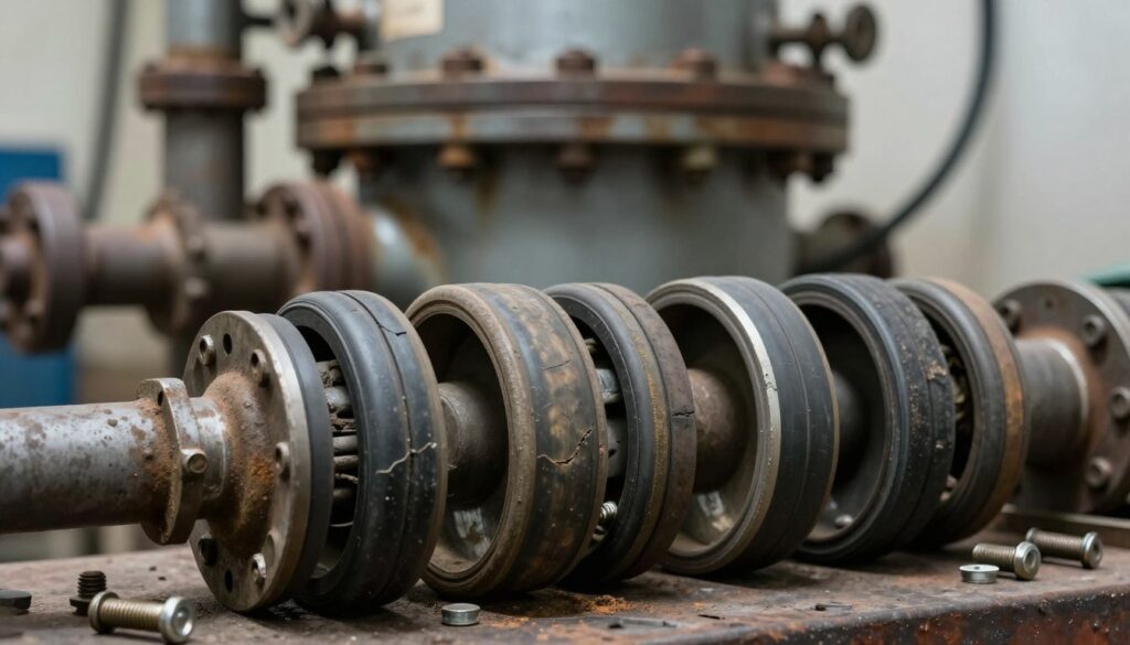 An arrangement of worn-out seals and gaskets used in boiler connections, displayed prominently in the foreground. The seals are rugged, showing signs of wear and deformation, with visible cracks and signs of corrosion. A few bolts and screws are scattered nearby, hinting at maintenance work. In the middle, the backdrop showcases a blurred, well-lit boiler unit, slightly rusty, to emphasize the topic of leaks. The lighting is softly diffused, casting gentle shadows that highlight the texture of the rubber seals and the metal components. The overall atmosphere is technical yet slightly melancholic, underscoring the theme of aging equipment. Focus is sharp on the seals, with a shallow depth of field to create a professional and informative look, perfect for illustrating plumbing issues related to boilers.