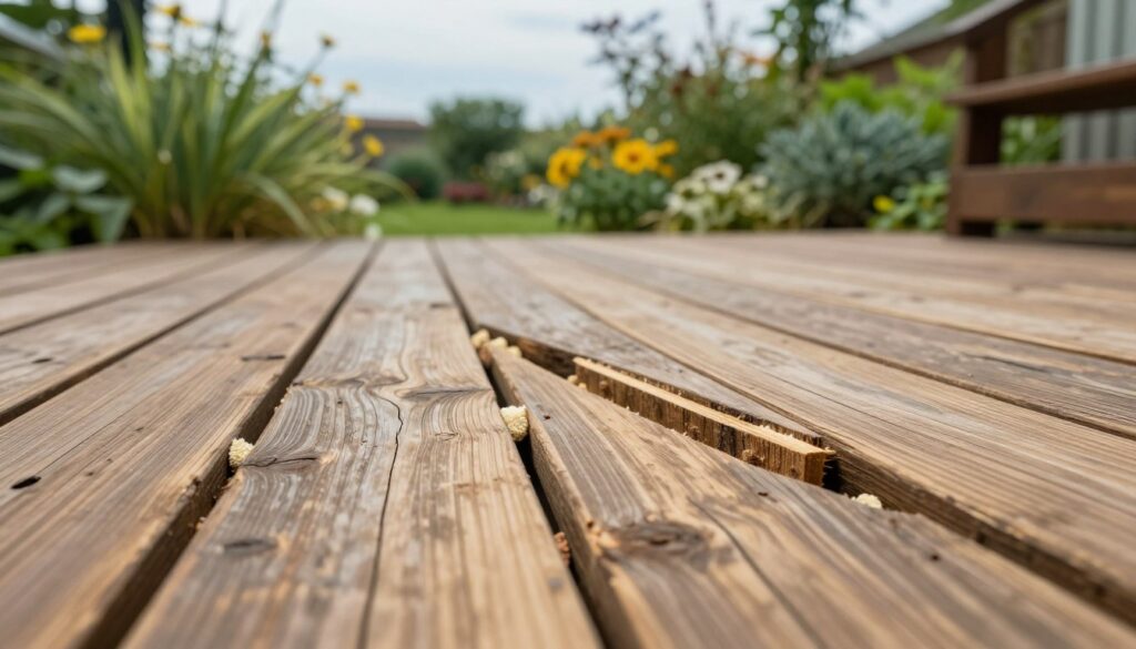An outdoor wooden deck featuring distinct gaps between the planks, conveying the theme of wood expansion and contraction. In the foreground, focus on the textured surface of the weathered wooden boards, highlighting the irregularities of the gaps filled with natural materials like caulk or wood filler. The middle ground showcases a lush green garden with vibrant plants and flowers to emphasize the outdoor setting. In the background, a soft blue sky peeks through, creating a feeling of openness and warmth. Use soft, diffused lighting to accentuate the wood grain and textures, capturing a serene, natural atmosphere. The image should be detailed and inviting, aiming to educate and inspire viewers about methods for filling the gaps in outdoor decking. An outdoor wooden deck featuring distinct gaps between the planks, conveying the theme of wood expansion and contraction. In the foreground, focus on the textured surface of the weathered wooden boards, highlighting the irregularities of the gaps filled with natural materials like caulk or wood filler. The middle ground showcases a lush green garden with vibrant plants and flowers to emphasize the outdoor setting. In the background, a soft blue sky peeks through, creating a feeling of openness and warmth. Use soft, diffused lighting to accentuate the wood grain and textures, capturing a serene, natural atmosphere. The image should be detailed and inviting, aiming to educate and inspire viewers about methods for filling the gaps in outdoor decking.