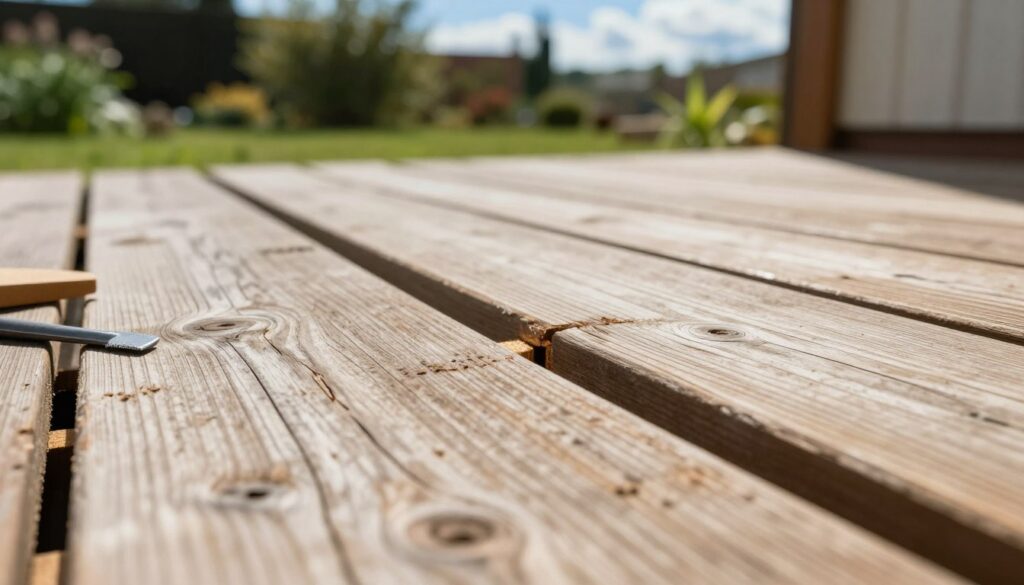 An up-close view of gaps between wooden planks on a sunlit outdoor deck, showcasing the texture and grain of the aged wood. The scene is vibrant, with soft natural light illuminating the weathered surface, creating highlights and shadows that accentuate the imperfections and openings in the wood. In the foreground, a small, precise tool for filling gaps lies next to the planks, hinting at craftsmanship. The middle ground features a well-maintained garden in soft focus, lending a serene atmosphere. The background includes hints of blue sky and fluffy clouds, suggesting a tranquil day. The overall mood is one of calmness and precision, ideal for illustrating techniques in woodworking. An up-close view of gaps between wooden planks on a sunlit outdoor deck, showcasing the texture and grain of the aged wood. The scene is vibrant, with soft natural light illuminating the weathered surface, creating highlights and shadows that accentuate the imperfections and openings in the wood. In the foreground, a small, precise tool for filling gaps lies next to the planks, hinting at craftsmanship. The middle ground features a well-maintained garden in soft focus, lending a serene atmosphere. The background includes hints of blue sky and fluffy clouds, suggesting a tranquil day. The overall mood is one of calmness and precision, ideal for illustrating techniques in woodworking.
