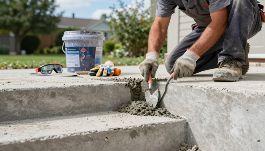 In the foreground, depict a concrete staircase with visible chips and cracks requiring repair. Carefully arrange a skilled worker, dressed in professional attire, kneeling beside the steps, using a trowel to fill the gaps with fresh concrete mix. In the middle ground, show tools such as a bucket of concrete, a smoothing tool, and safety equipment like gloves and goggles. The background features a suburban outdoor setting, with lush greenery and a clear blue sky enhancing the scene. Soft, natural lighting casts gentle shadows, emphasizing the texture of the concrete and the focus on the repair work. The atmosphere is calm and industrious, capturing the essence of restoration and care in maintaining external stairs. In the foreground, depict a concrete staircase with visible chips and cracks requiring repair. Carefully arrange a skilled worker, dressed in professional attire, kneeling beside the steps, using a trowel to fill the gaps with fresh concrete mix. In the middle ground, show tools such as a bucket of concrete, a smoothing tool, and safety equipment like gloves and goggles. The background features a suburban outdoor setting, with lush greenery and a clear blue sky enhancing the scene. Soft, natural lighting casts gentle shadows, emphasizing the texture of the concrete and the focus on the repair work. The atmosphere is calm and industrious, capturing the essence of restoration and care in maintaining external stairs.